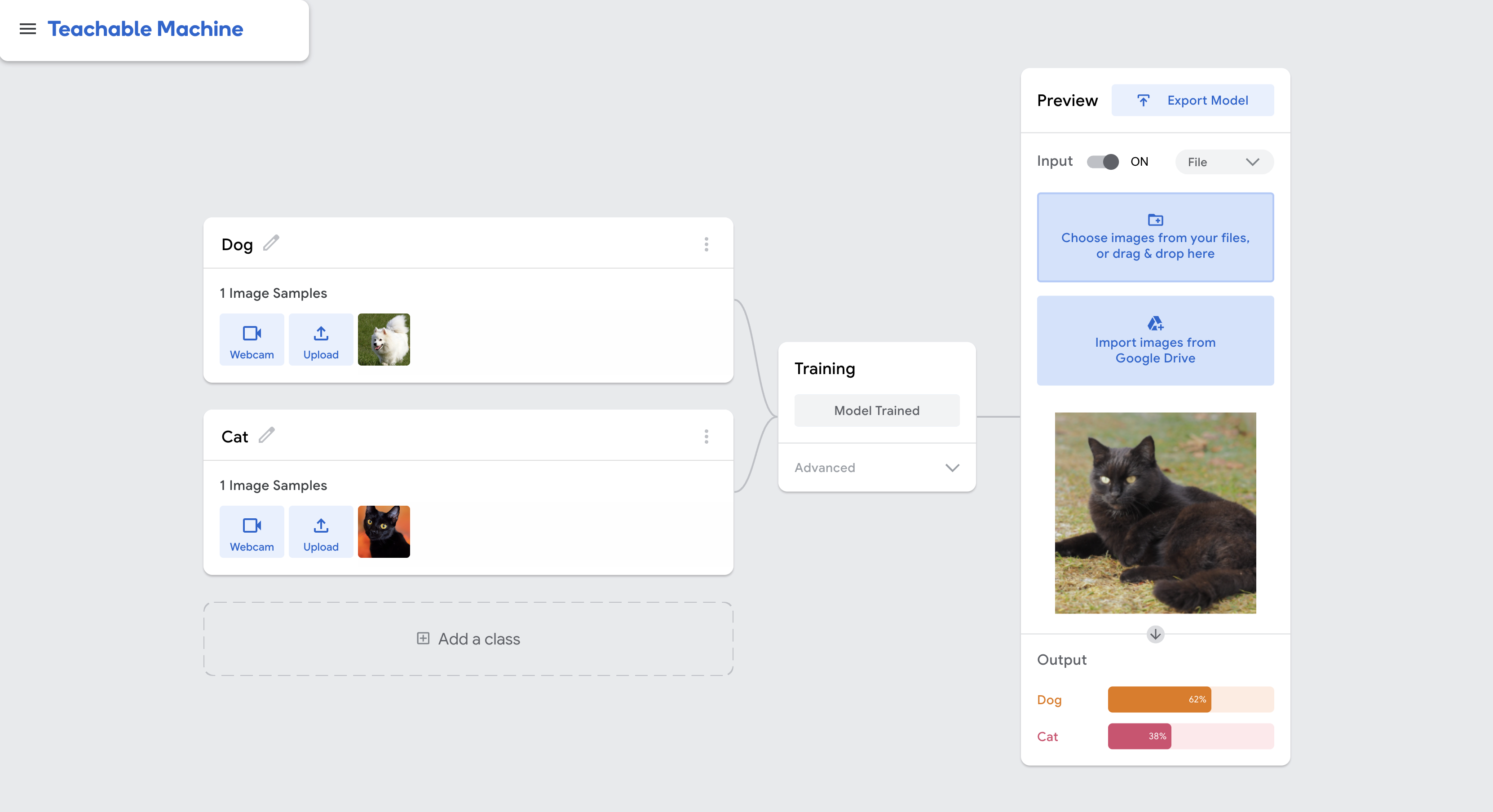 Screenshot of Teachable machine showing erroneous model classification because of insufficient data