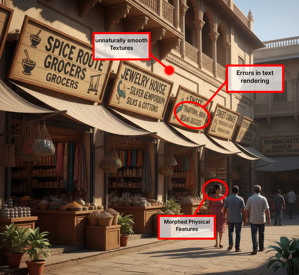 An image showing various signs that can be used to detect an AI generted image.